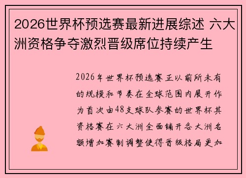 2026世界杯预选赛最新进展综述 六大洲资格争夺激烈晋级席位持续产生 2026世界杯预选赛最新进展综述 六大洲资格争夺激烈晋级席位持续产生