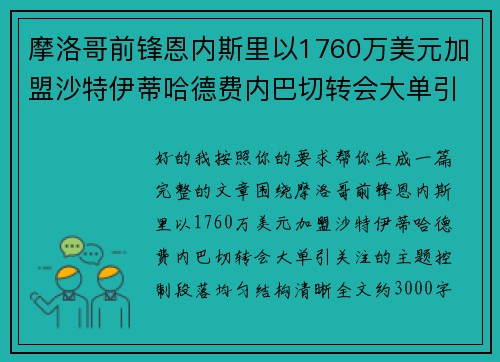 摩洛哥前锋恩内斯里以1760万美元加盟沙特伊蒂哈德费内巴切转会大单引关注 摩洛哥前锋恩内斯里以1760万美元加盟沙特伊蒂哈德费内巴切转会大单引关注