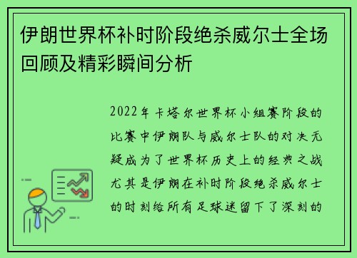 伊朗世界杯补时阶段绝杀威尔士全场回顾及精彩瞬间分析 伊朗世界杯补时阶段绝杀威尔士全场回顾及精彩瞬间分析